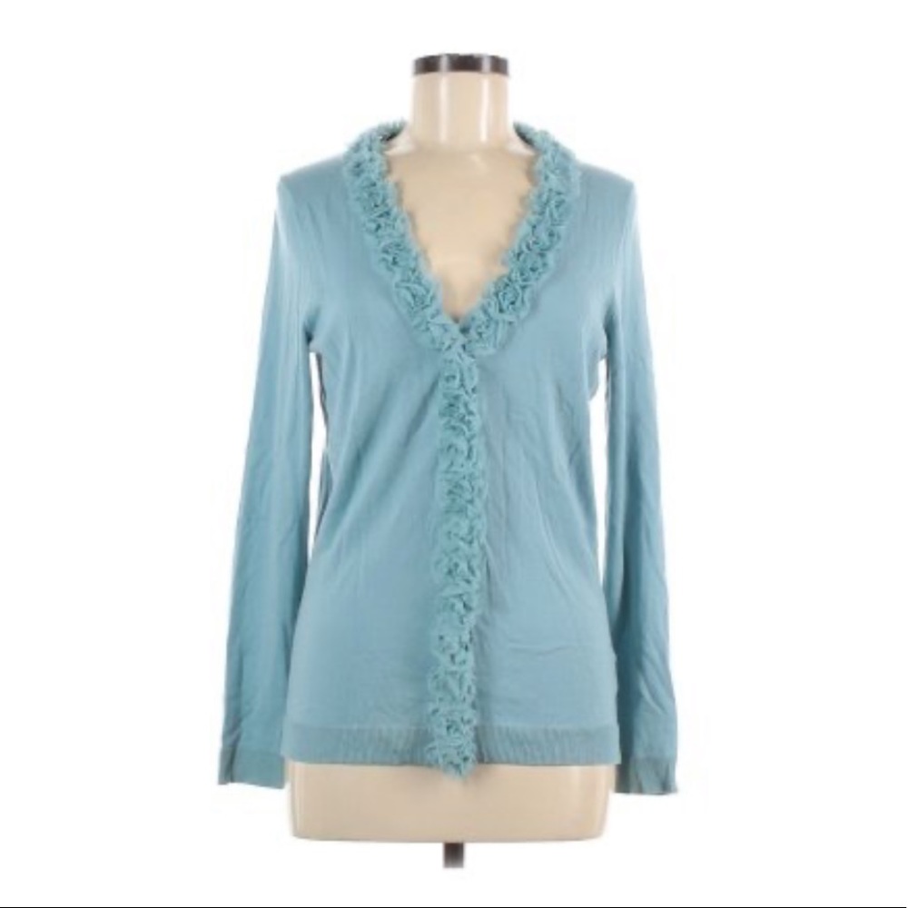 Talbots Cardigan Frayed Blue v-neck Size Medium